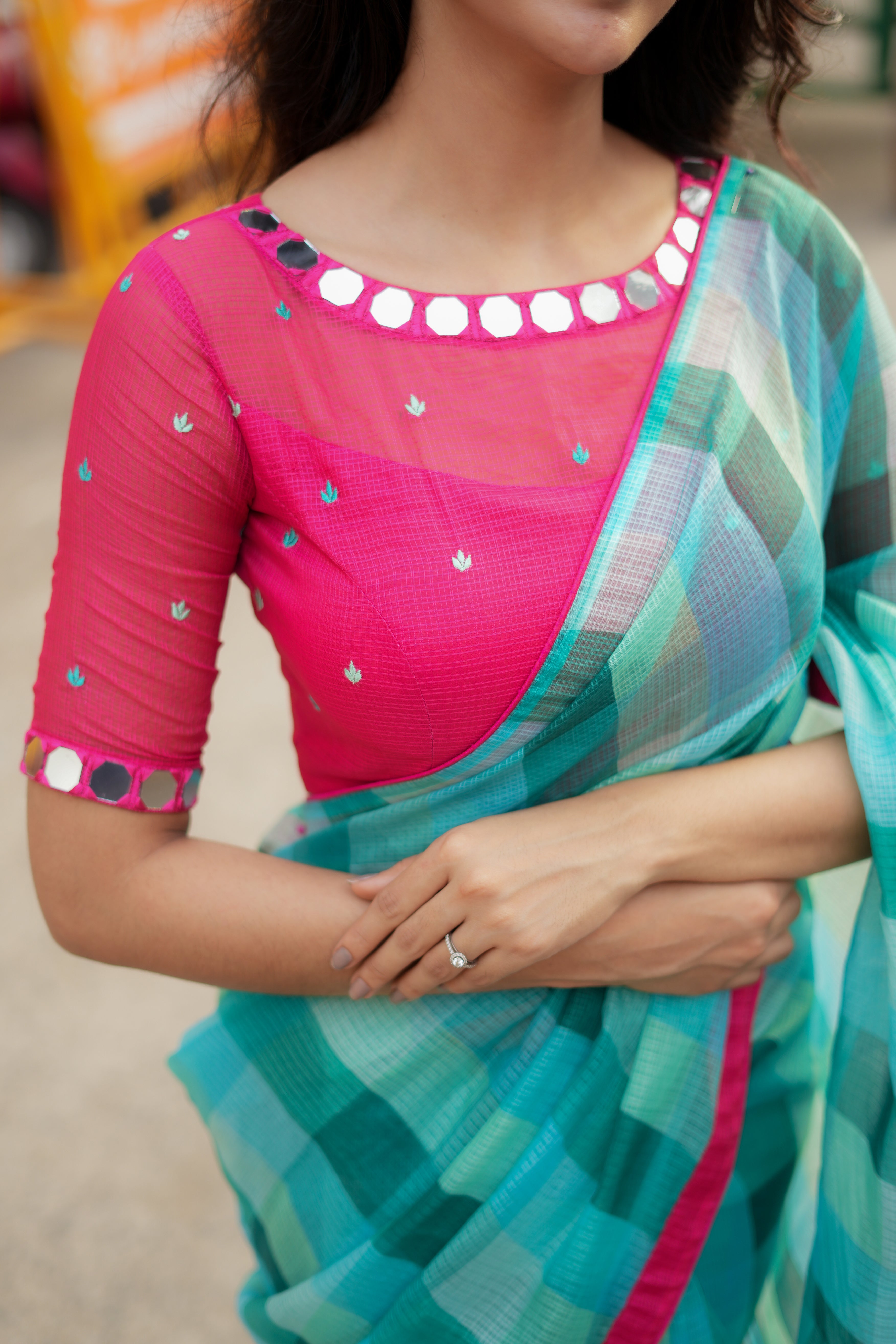 Light blue green kota saree with mirror blouse