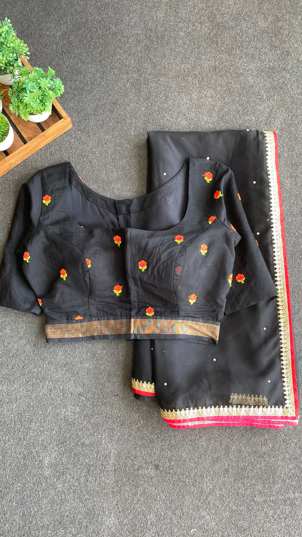 Black organza saree with black embroidery blouse
