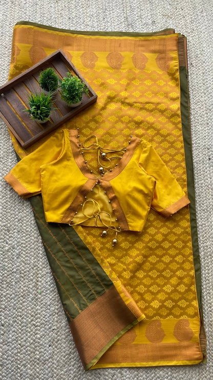 Green and yellow casual silk saree with hand worked blouse