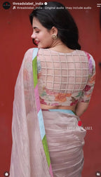 Dusty silver tissue saree with pearl hand work blouse