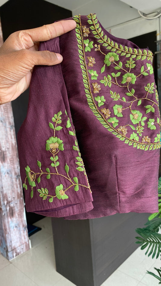 Brown silk JEWEL front hand work blouse (only blouse)