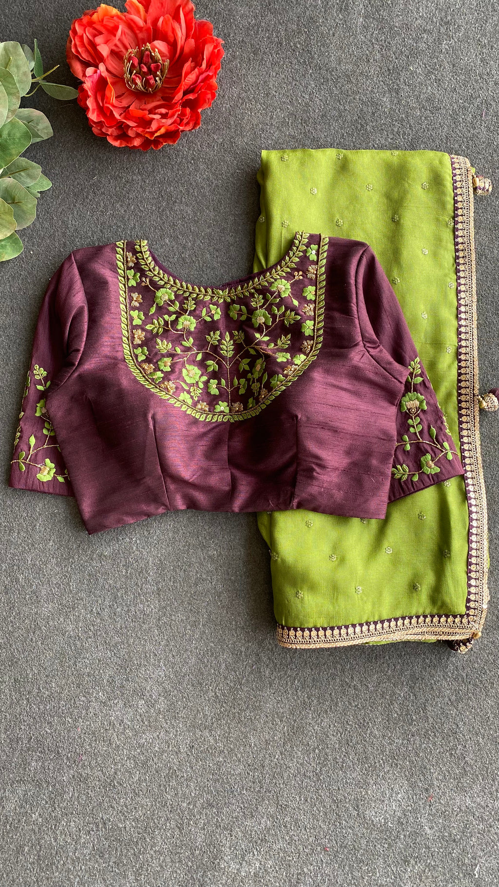 Brown silk JEWEL front hand work blouse (only blouse)