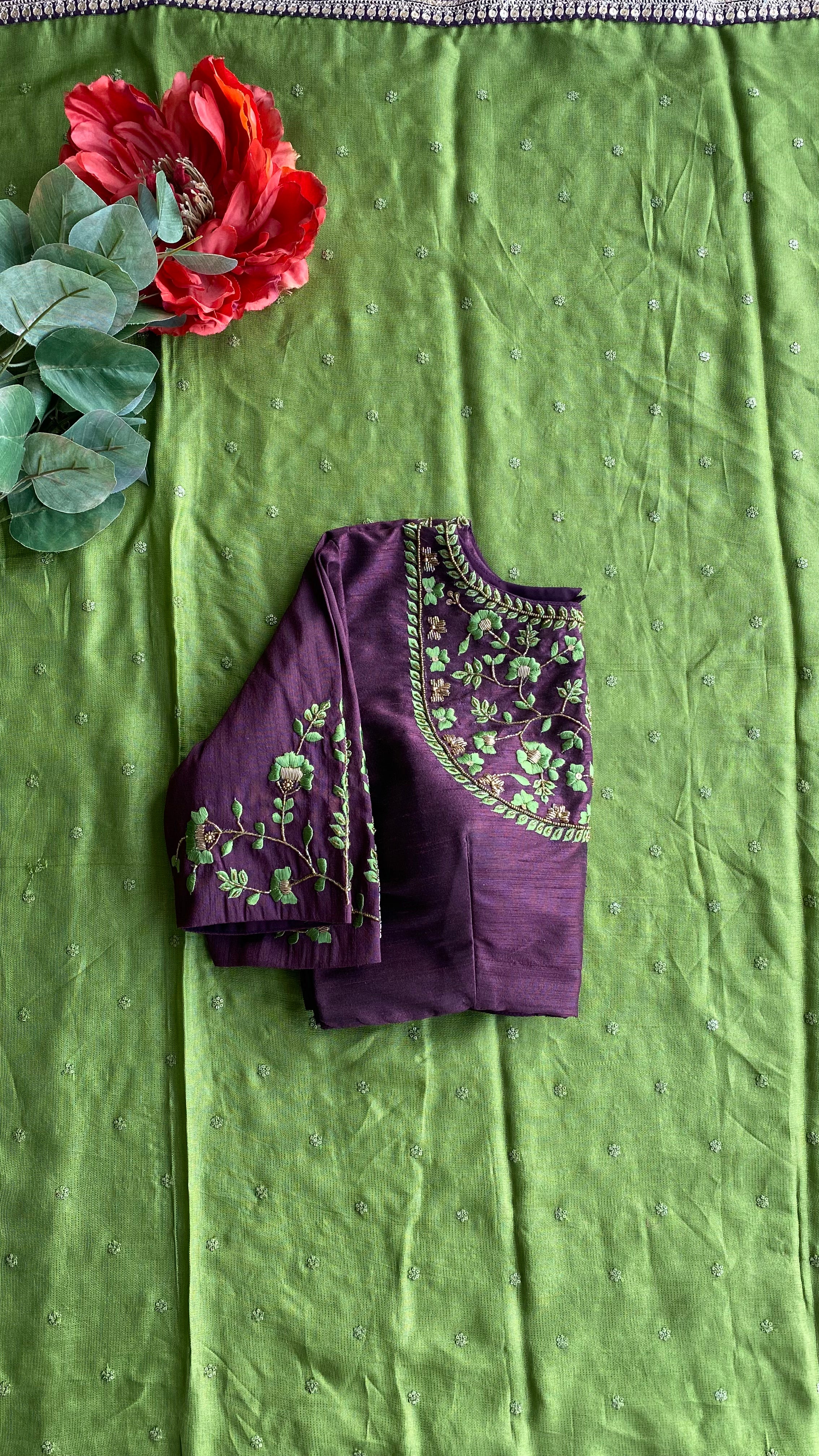 Brown silk JEWEL front hand work blouse (only blouse)