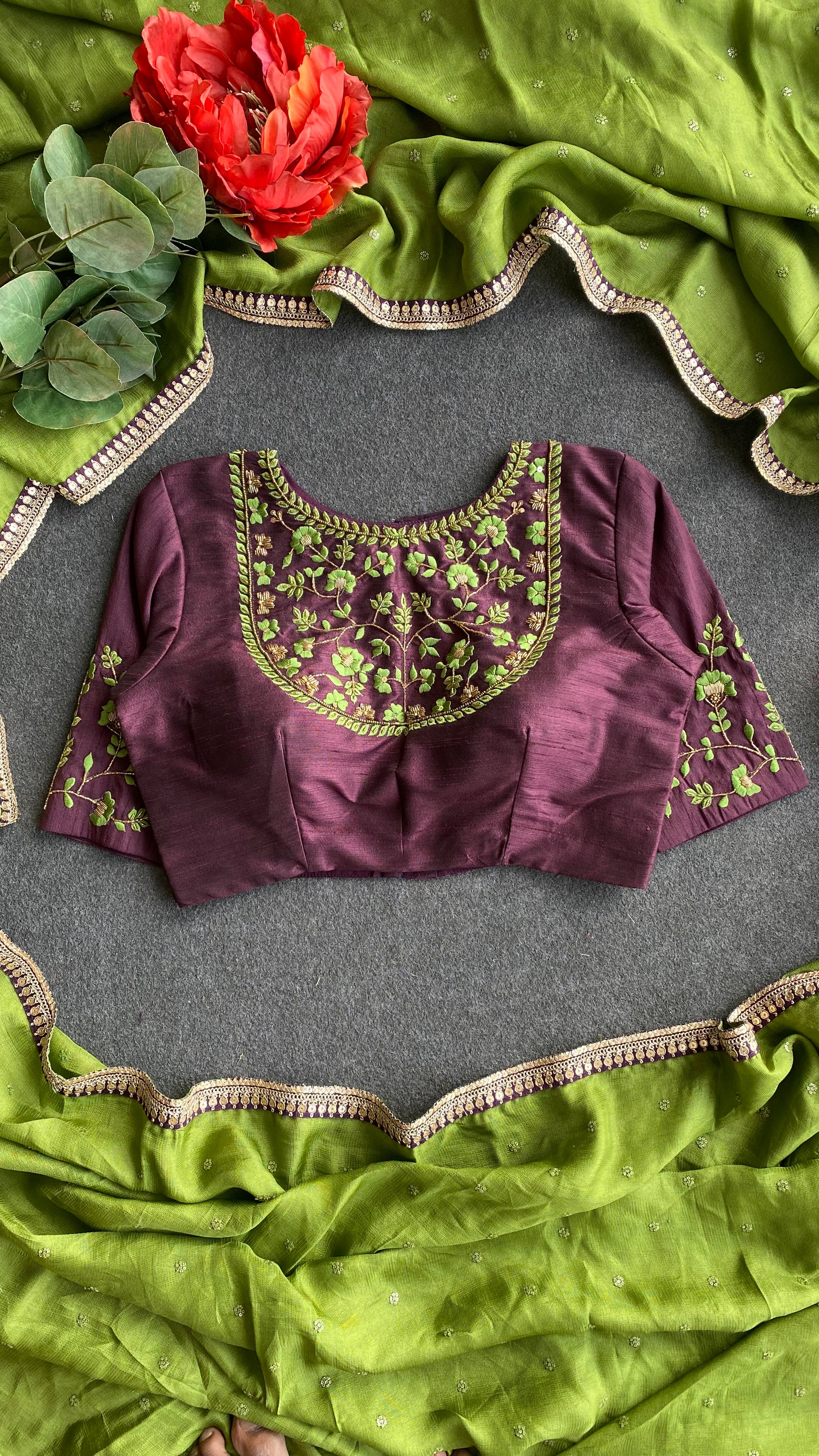 Brown silk JEWEL front hand work blouse (only blouse)