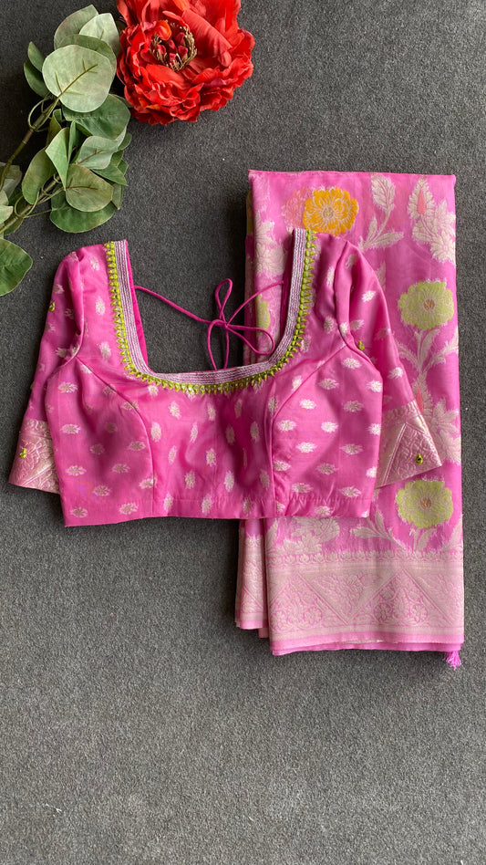 Pink organza floral designer saree with mirror embroidery blouse