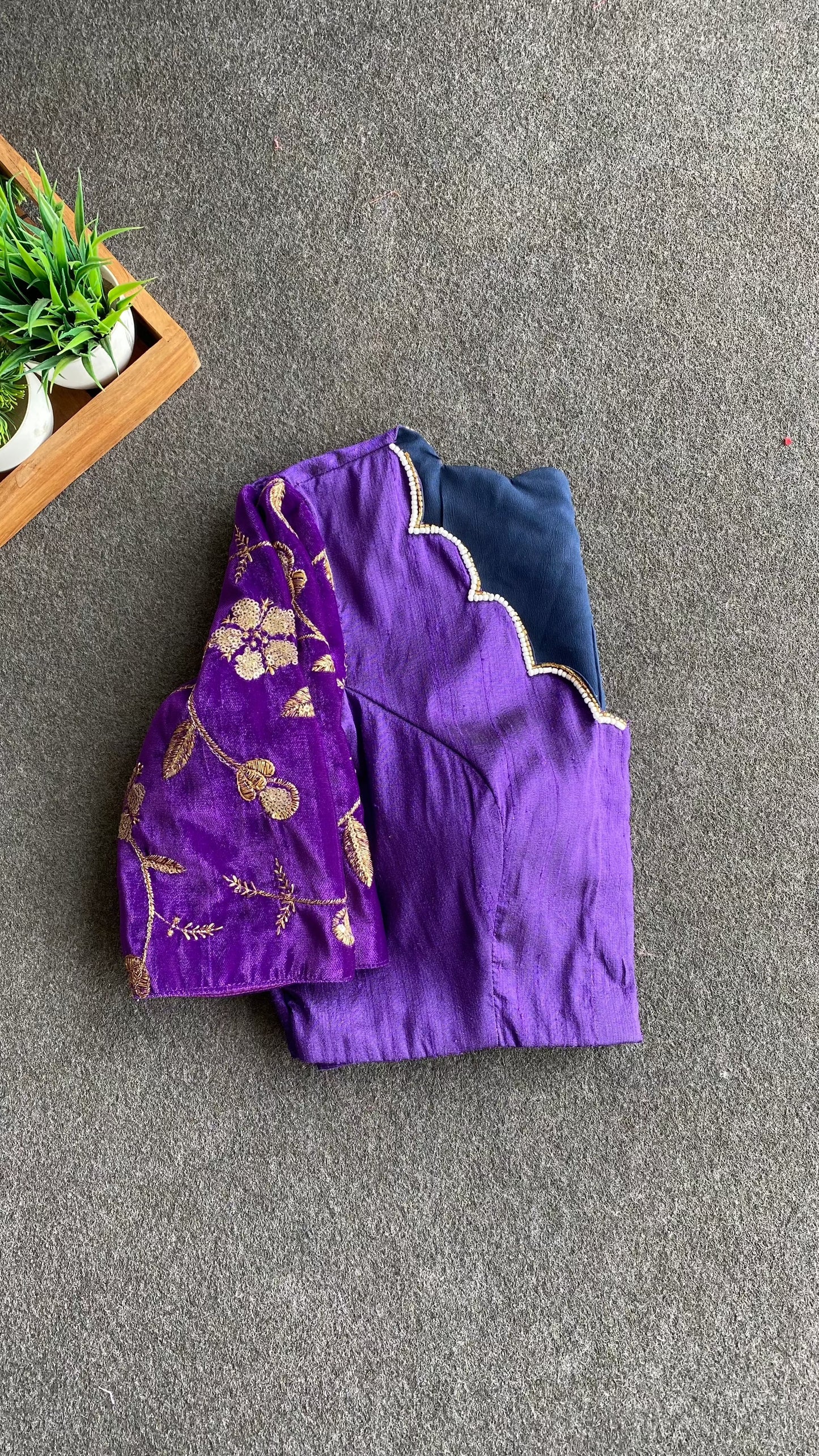 Purple silk scalloped hand work blouse