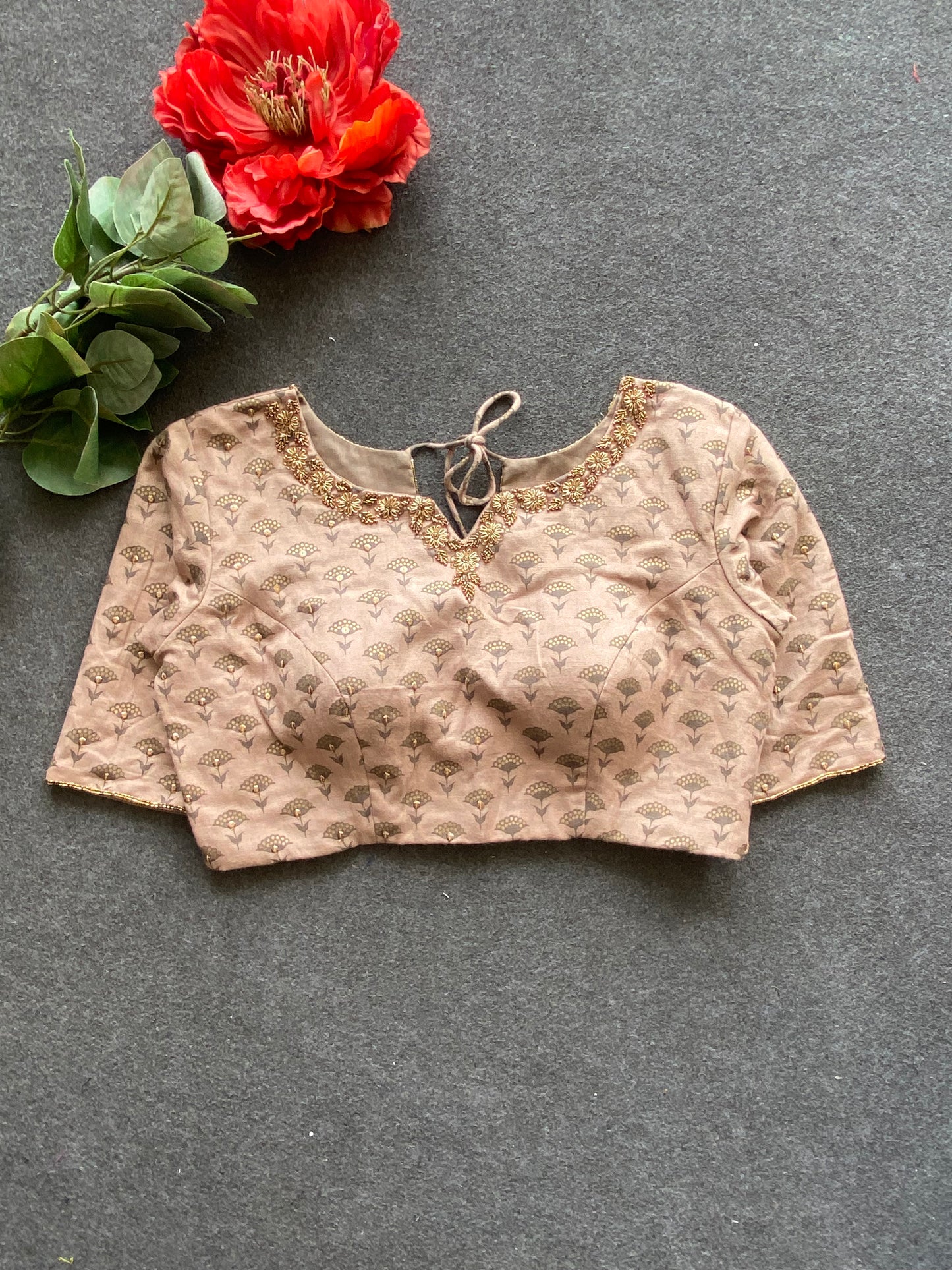Grey cotton floral hand made blouse