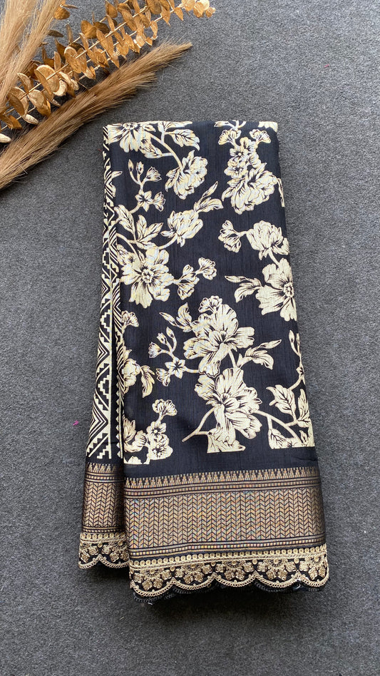 Black binni silk floral print saree with blouse