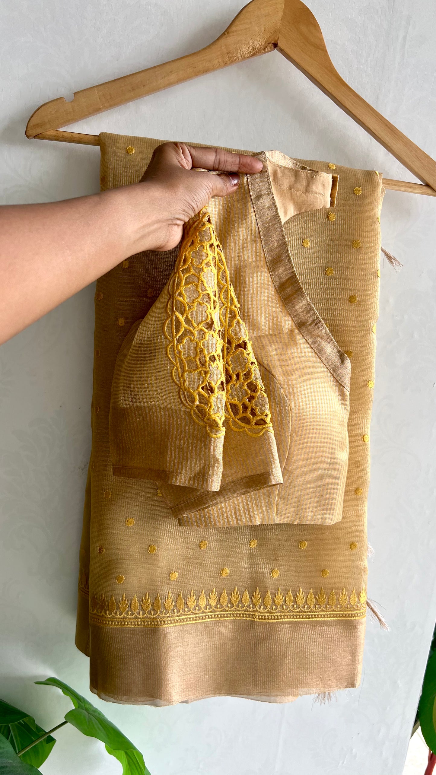 Gold kota doria saree with hand worked blouse
