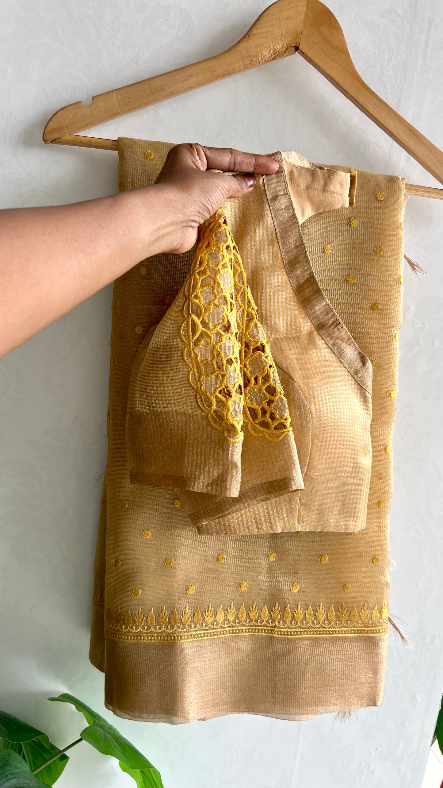 Gold kota doria saree with hand worked blouse