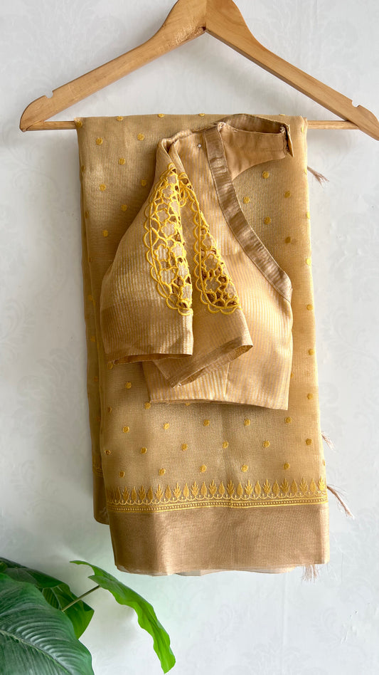 Gold kota doria saree with hand worked blouse
