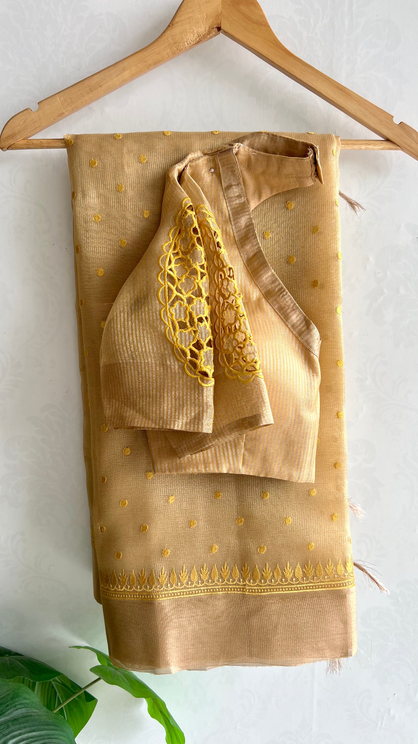 Gold kota doria saree with hand worked blouse