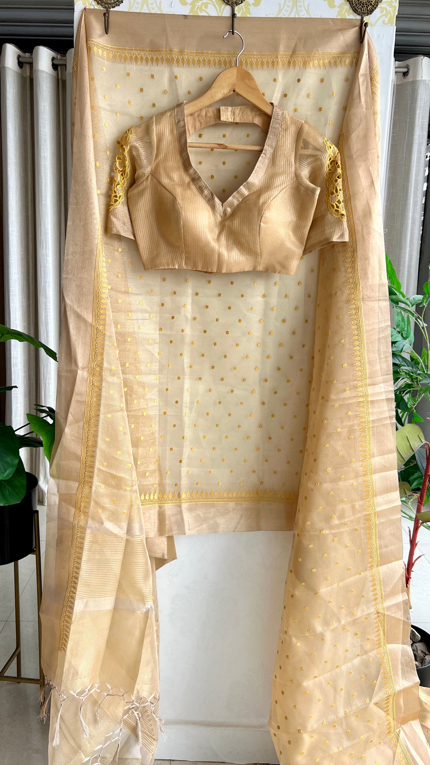 Gold kota doria saree with hand worked blouse