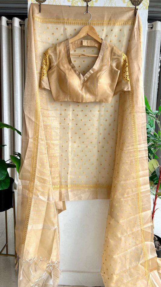 Gold kota doria saree with hand worked blouse