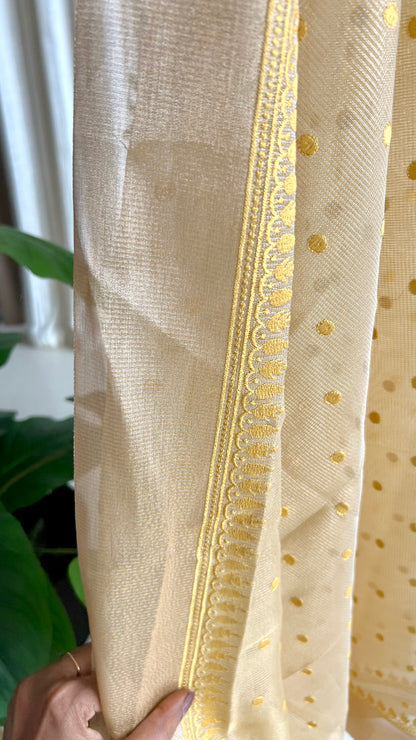 Gold kota doria saree with hand worked blouse