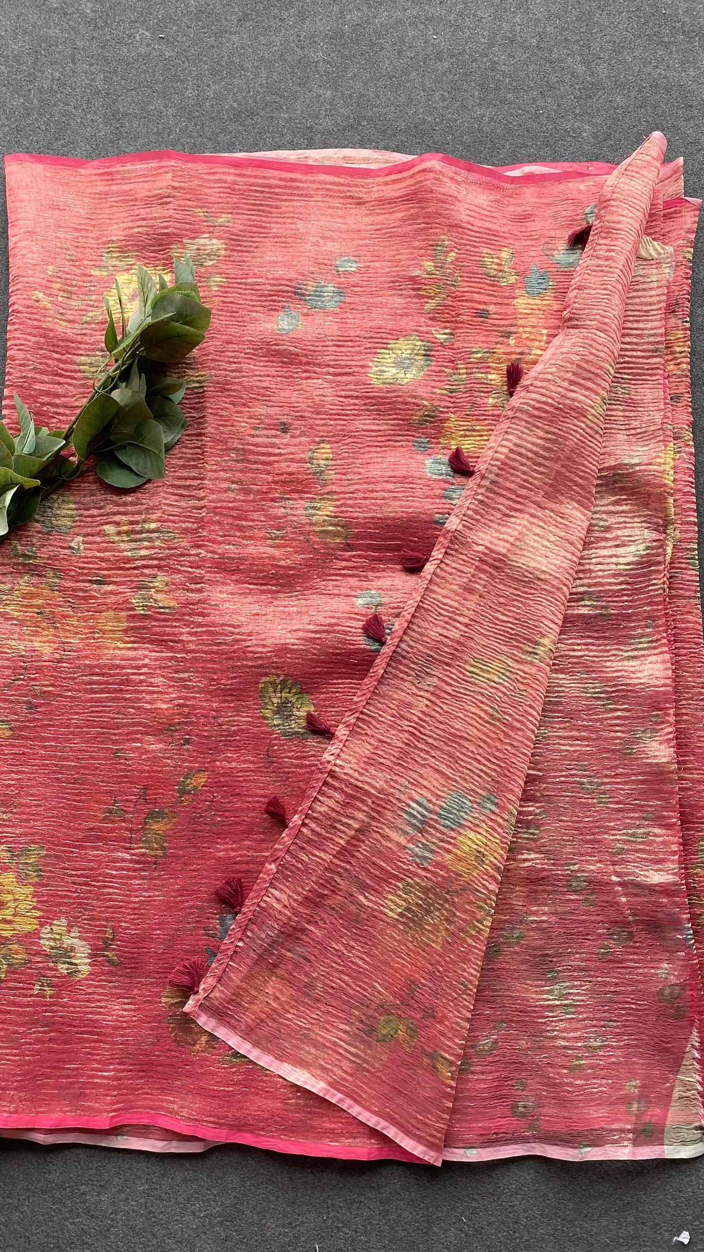 Pink crushed tissue floral printed saree with blouse