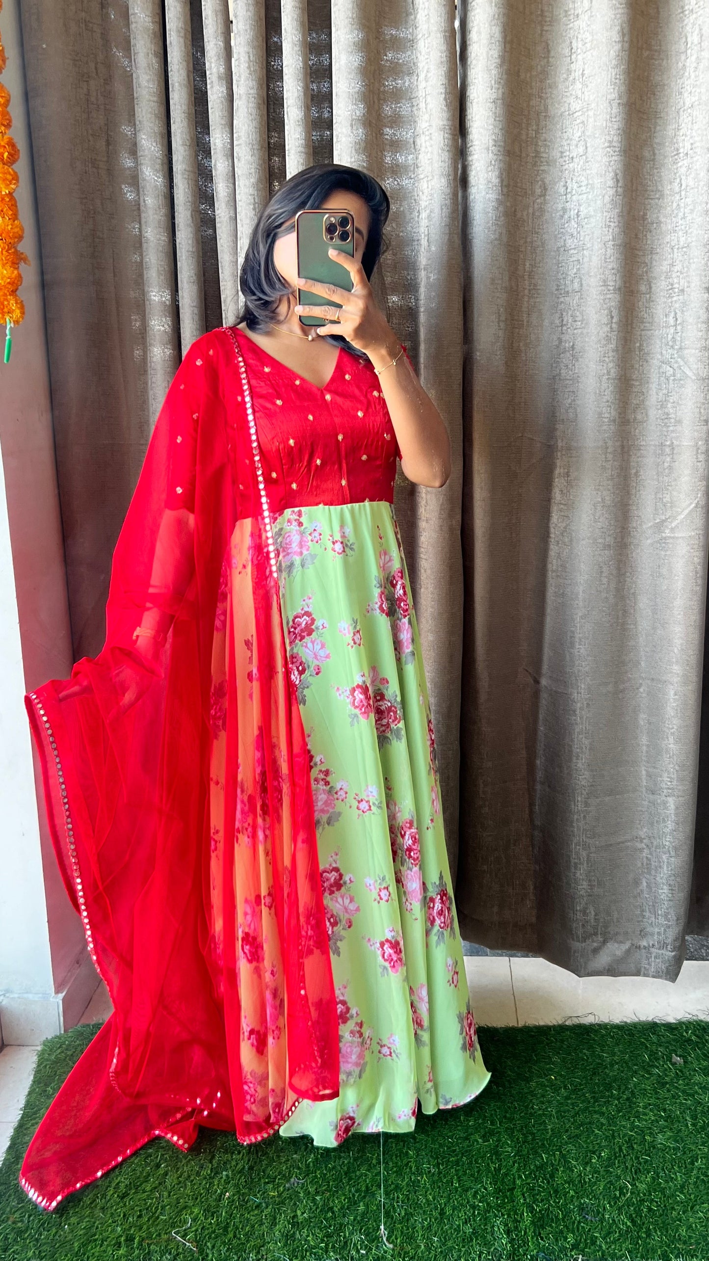 Green and red salwar suit of hand worked top and Duppata - Threads
