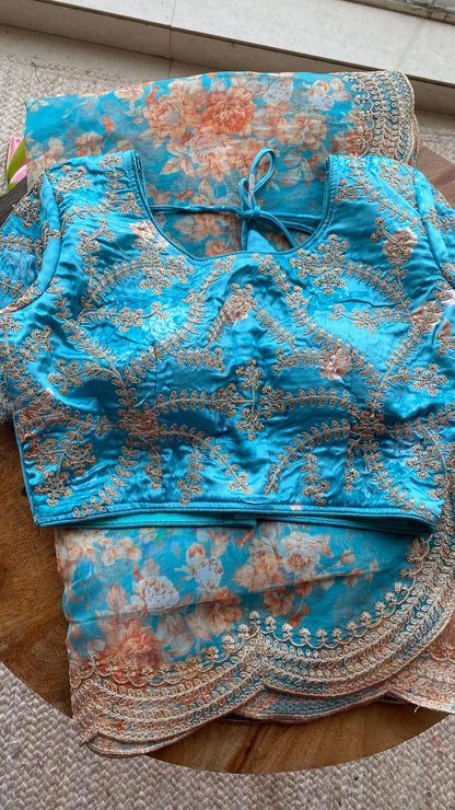 Blue organza saree with embroidery blouse