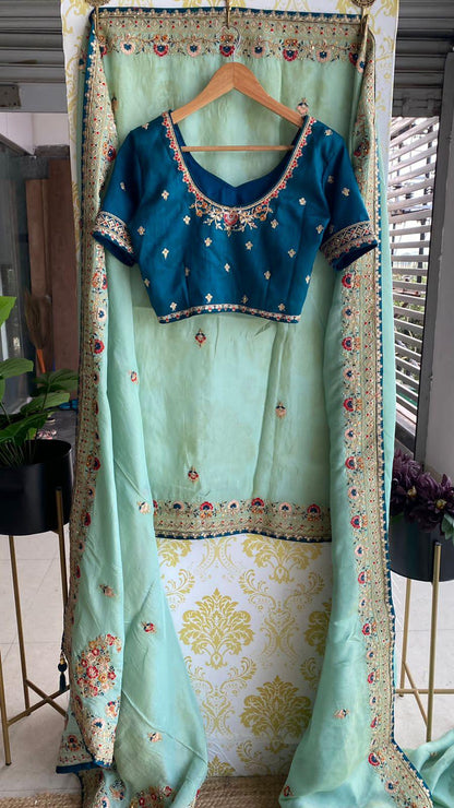 Light blue green marble silk saree with hand worked blouse - Threads