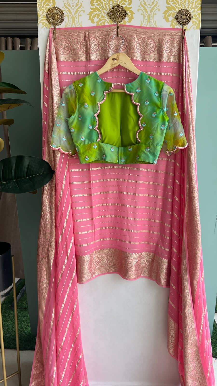Baby pink chiffon saree with handwork blouse – Threads