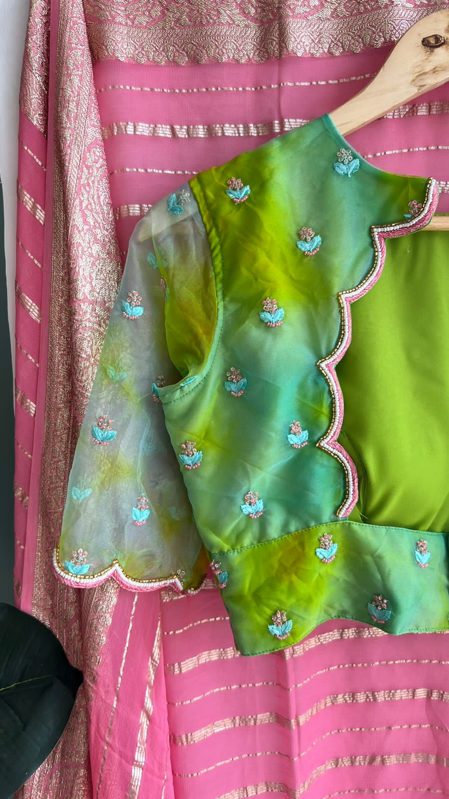 Lime green organza handwork blouse