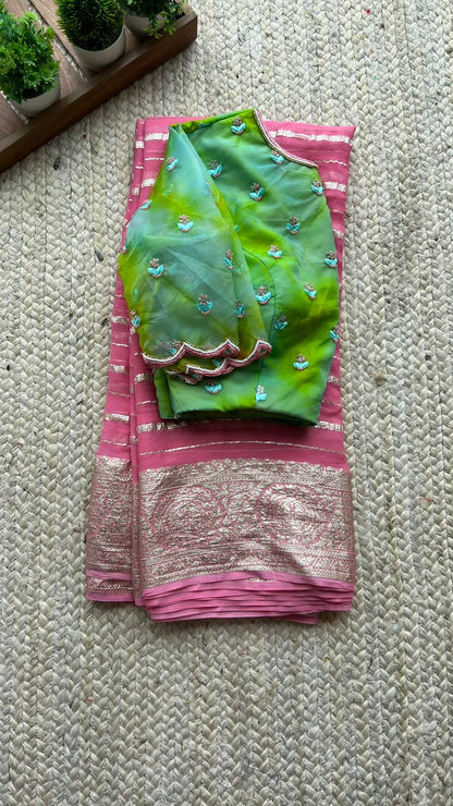 Baby pink chiffon saree with handwork blouse