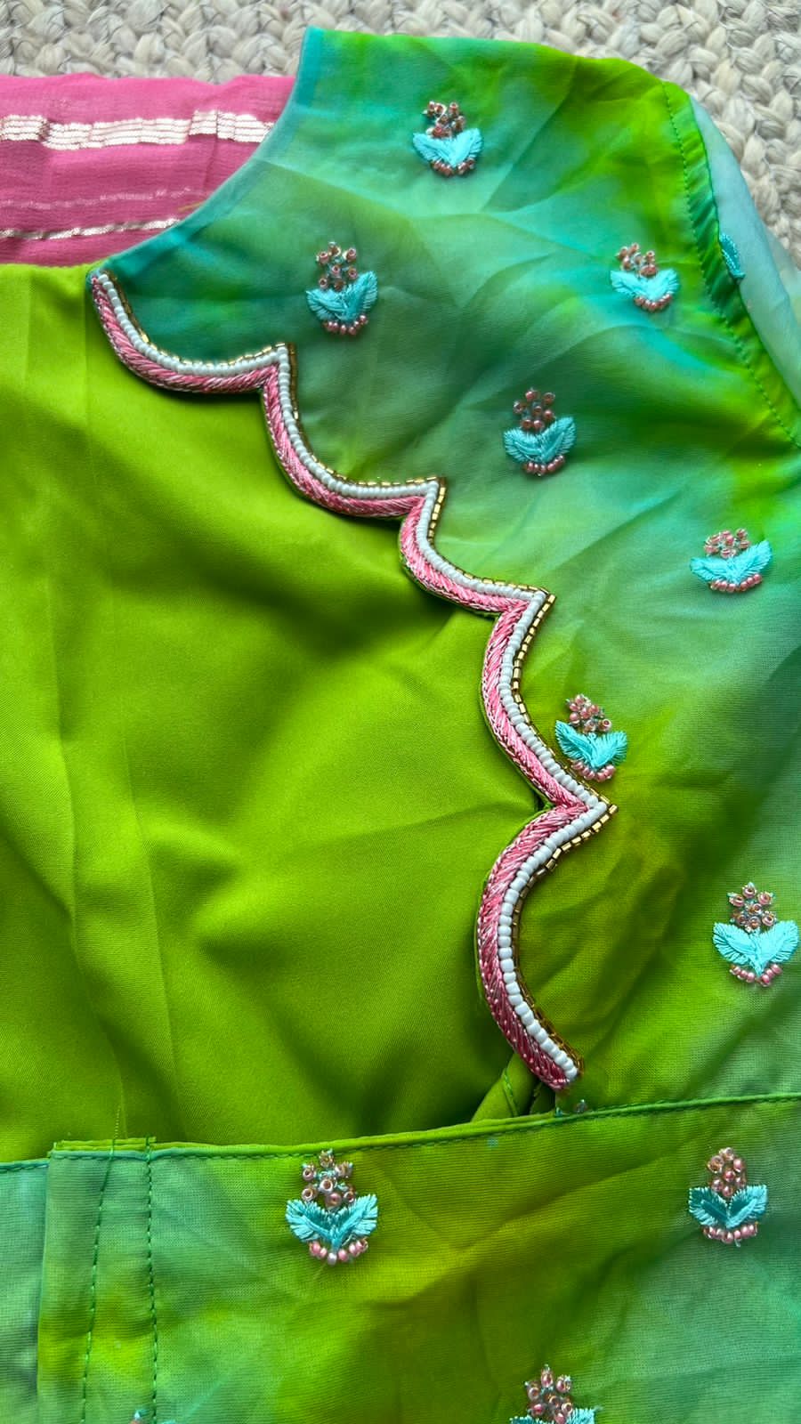 Baby pink chiffon saree with handwork blouse