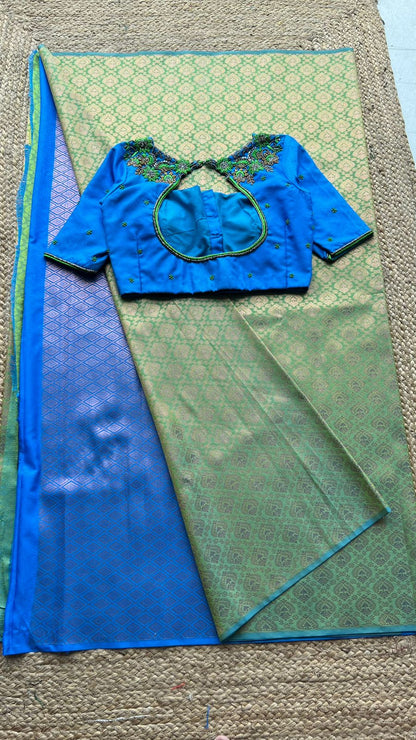 (Free full predraping ) green and blue silk saree with hand worked blouse