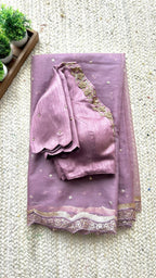 Onion pink organza Saree with Handmade Blouse
