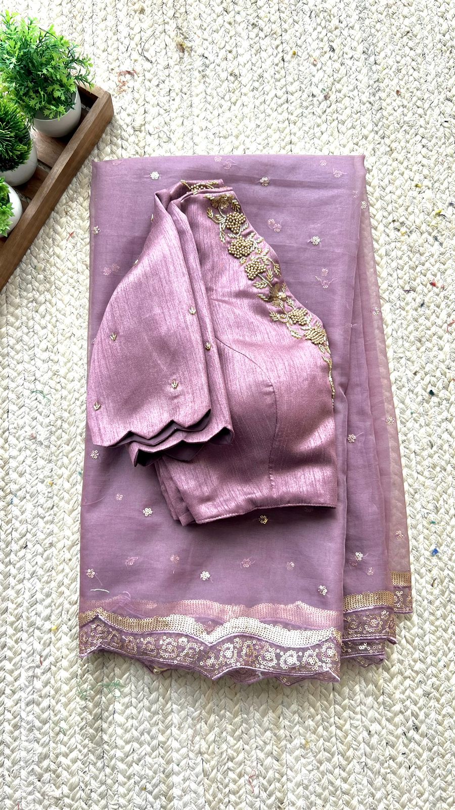 Onion pink organza Saree with Handmade Blouse