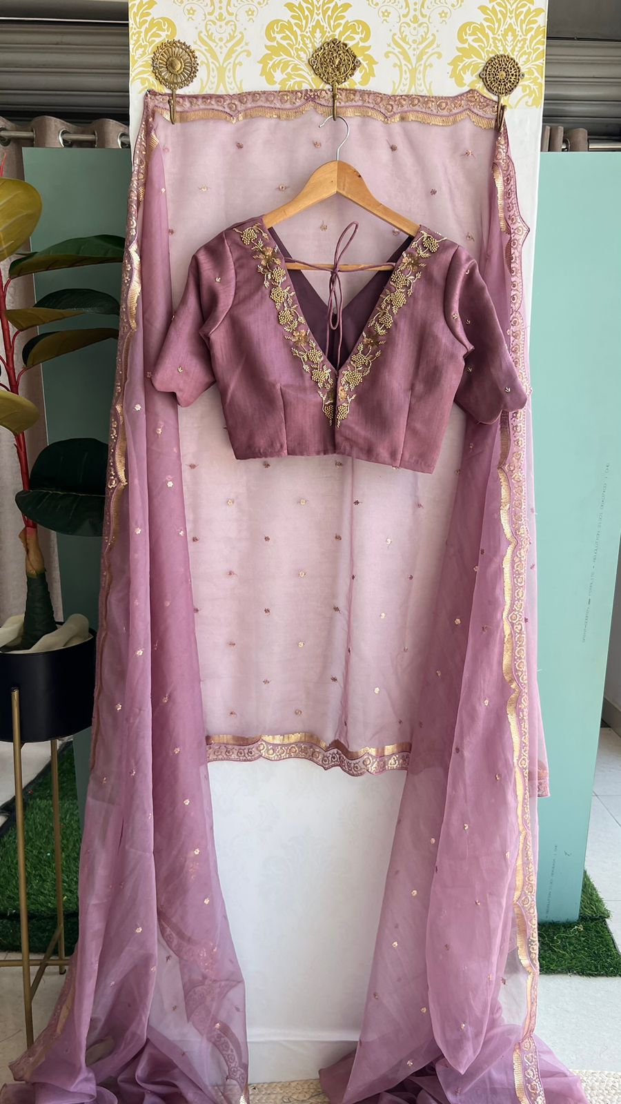 Onion pink organza Saree with Handmade Blouse
