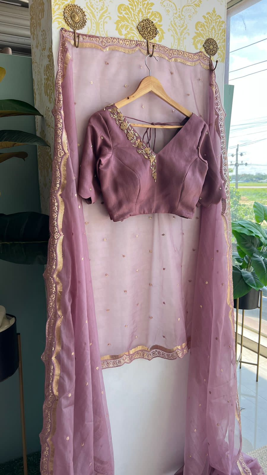 Onion pink organza Saree with Handmade Blouse