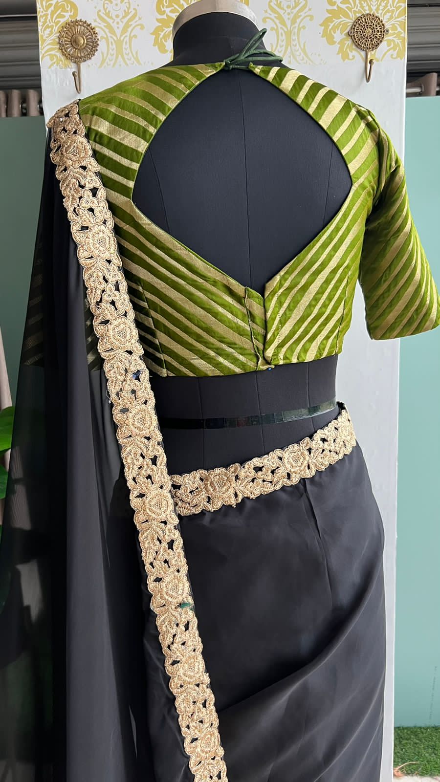 Black organza saree with olive banarasi blouse