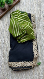 Black organza saree with olive banarasi blouse