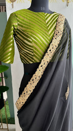 Black organza saree with olive banarasi blouse
