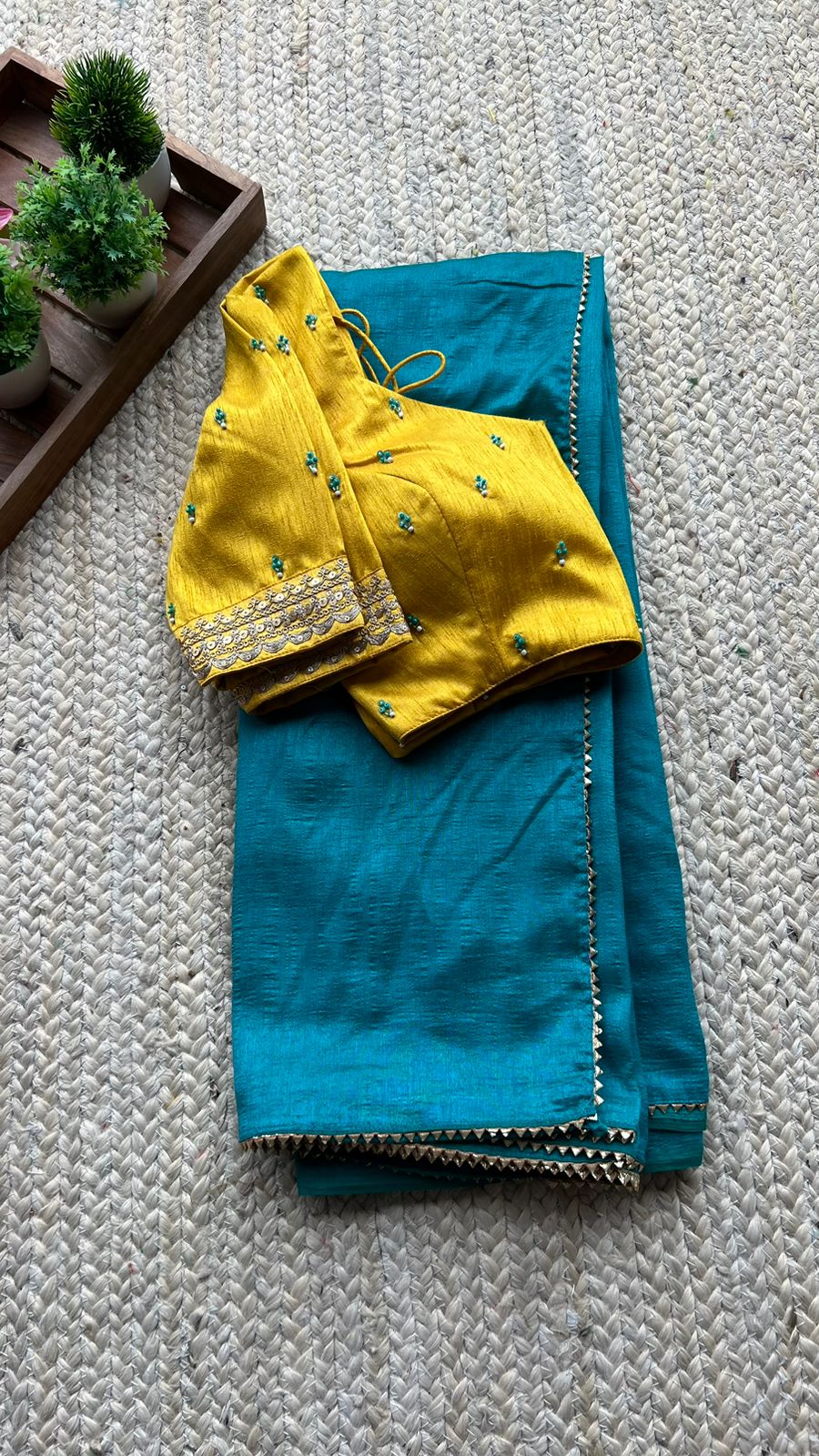 Sea blue marble saree with yellow handwork blouse