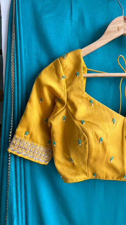 Sea blue marble saree with yellow handwork blouse