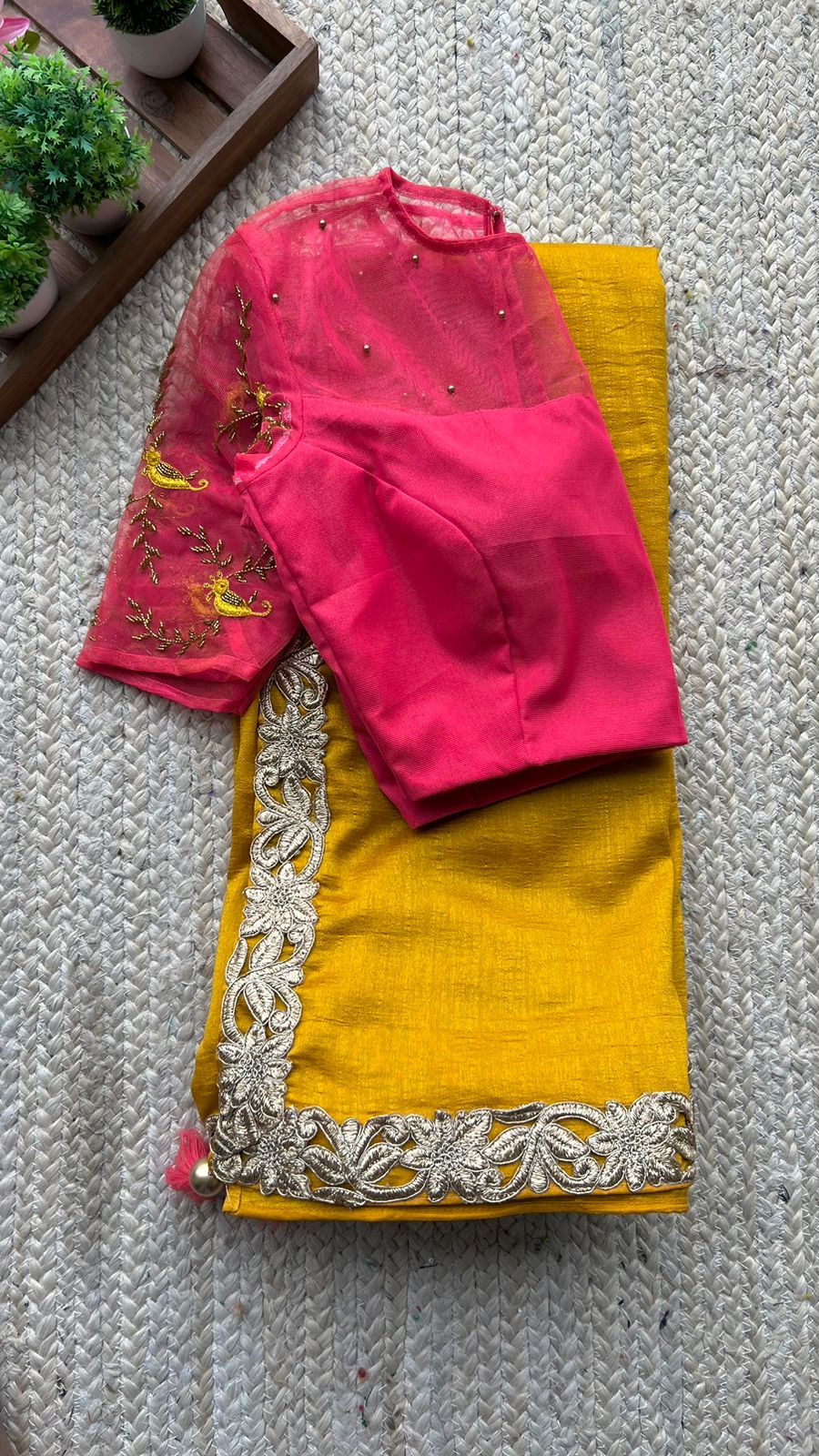 Pink silk netted bird handwork blouse (Only blouse )