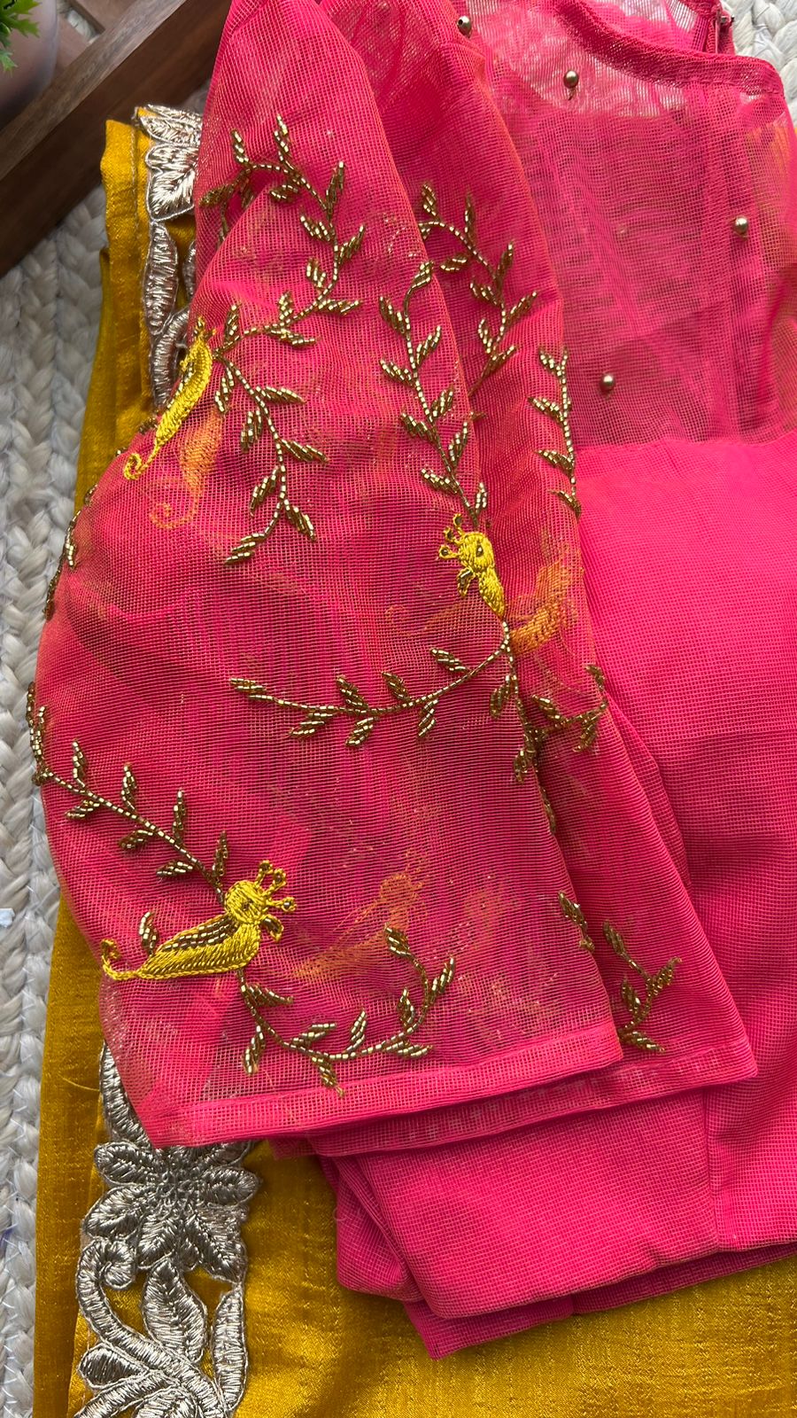 Pink silk netted bird handwork blouse (Only blouse )