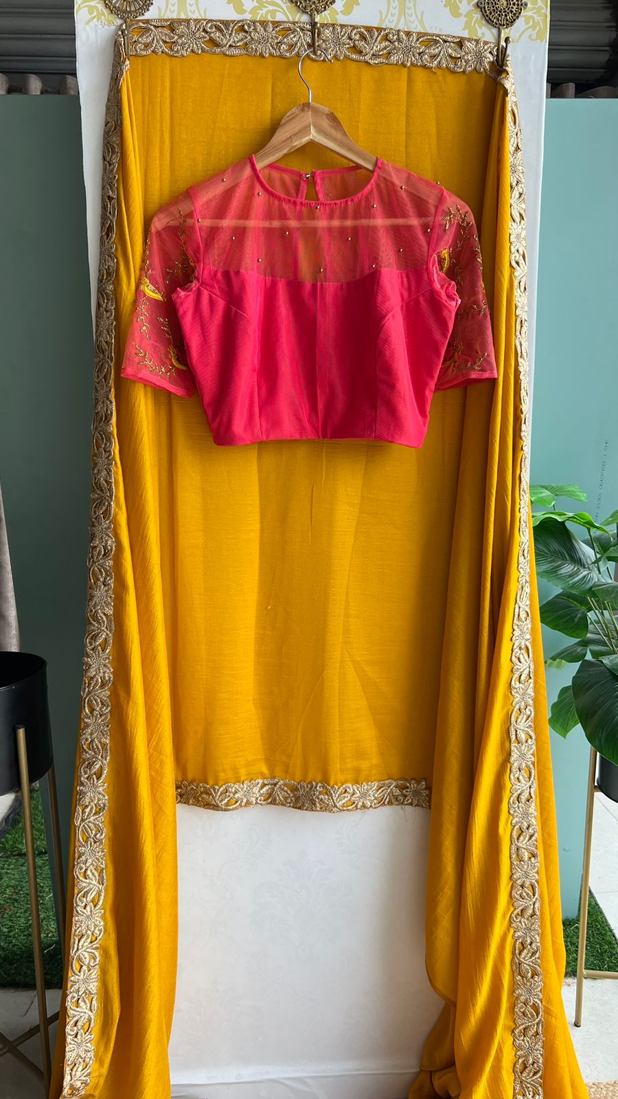 Yellow marble saree with pink handwork blouse