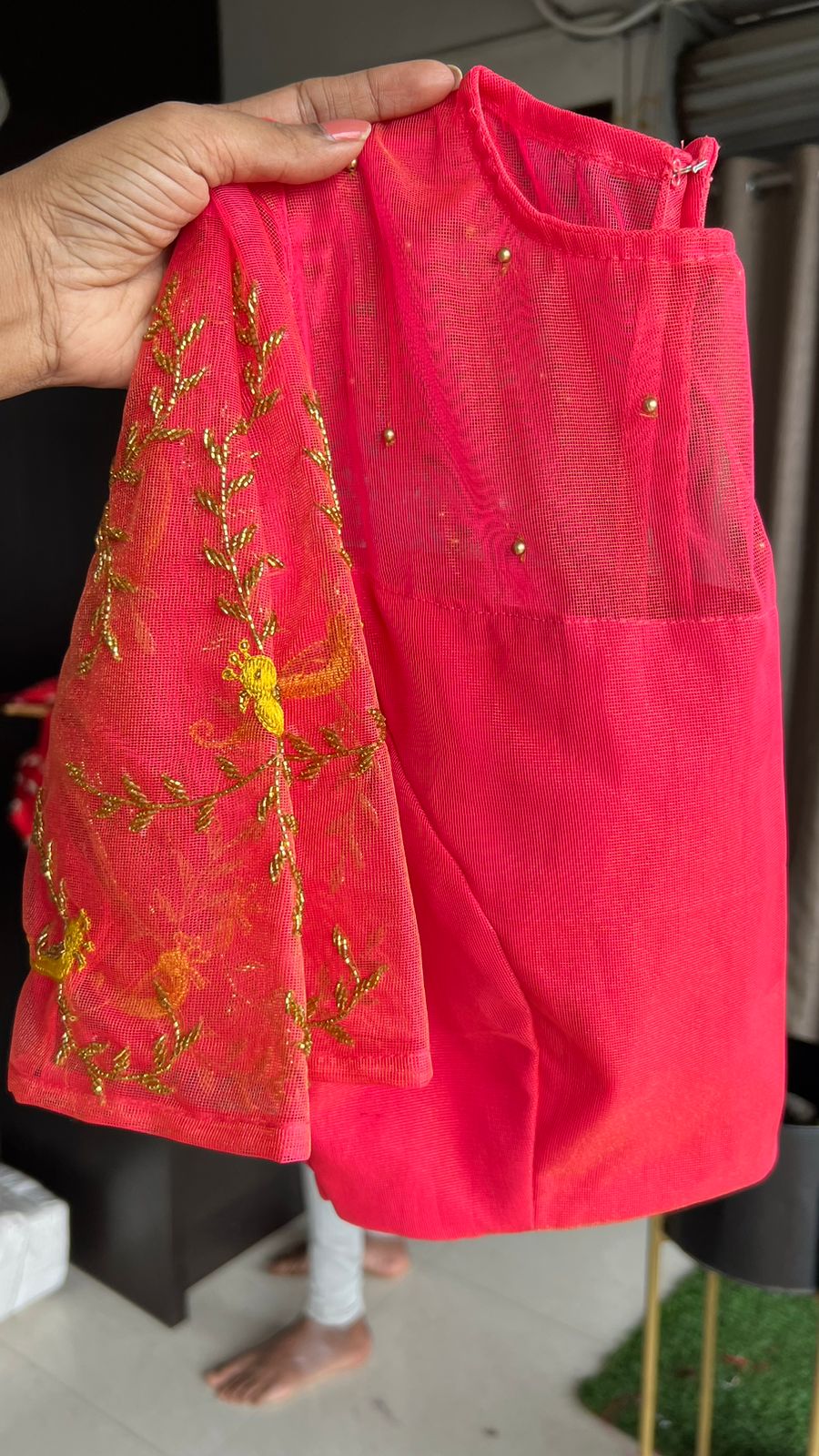 Pink silk netted bird handwork blouse