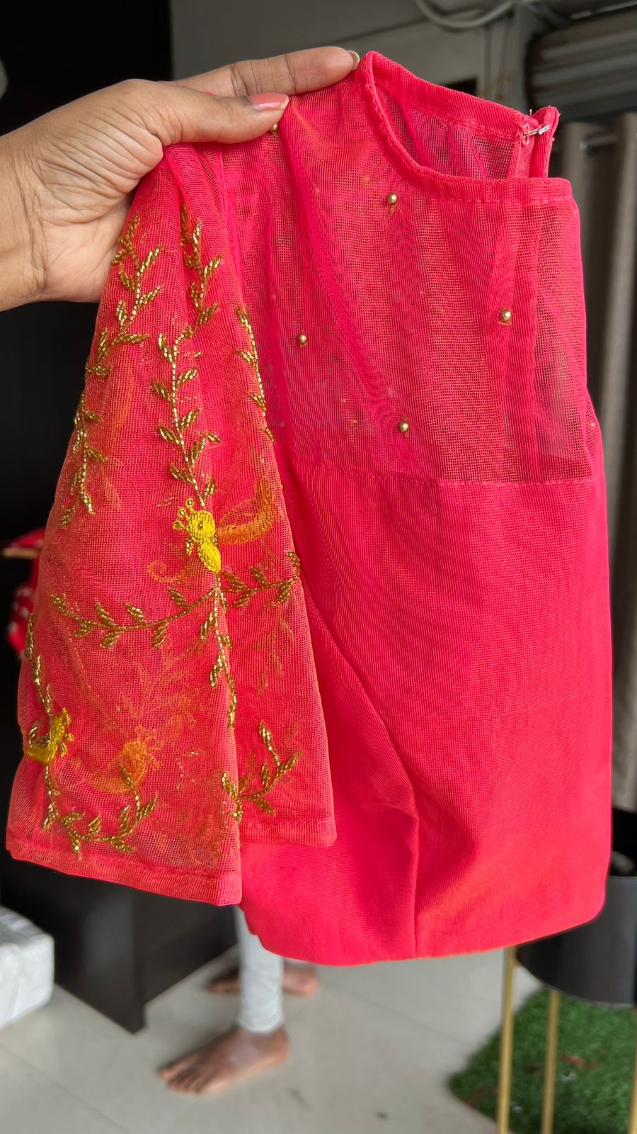 Pink silk netted bird handwork blouse (Only blouse )