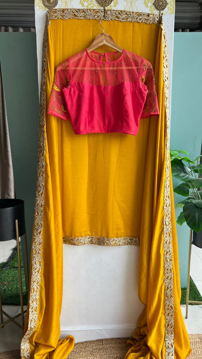 Yellow marble saree with pink handwork blouse