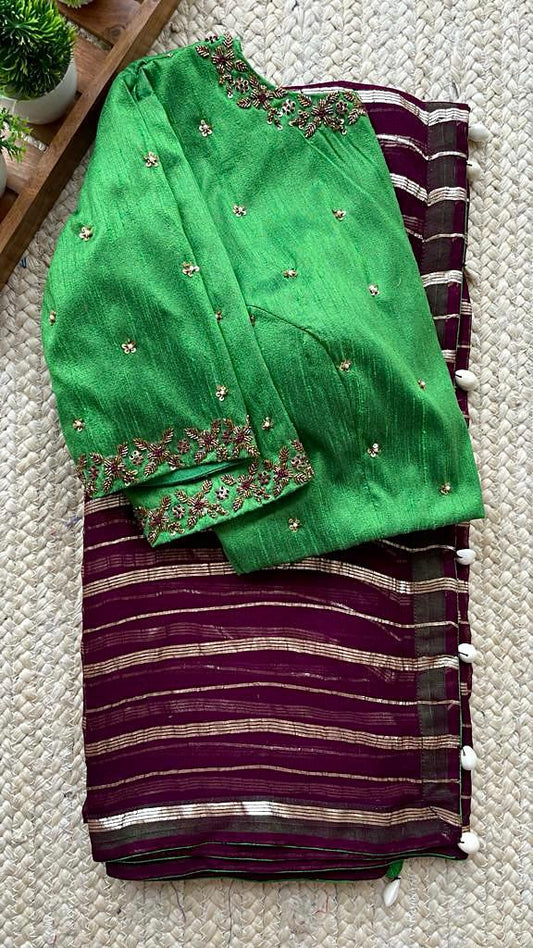 Wine georgette saree with green hand worked blouse