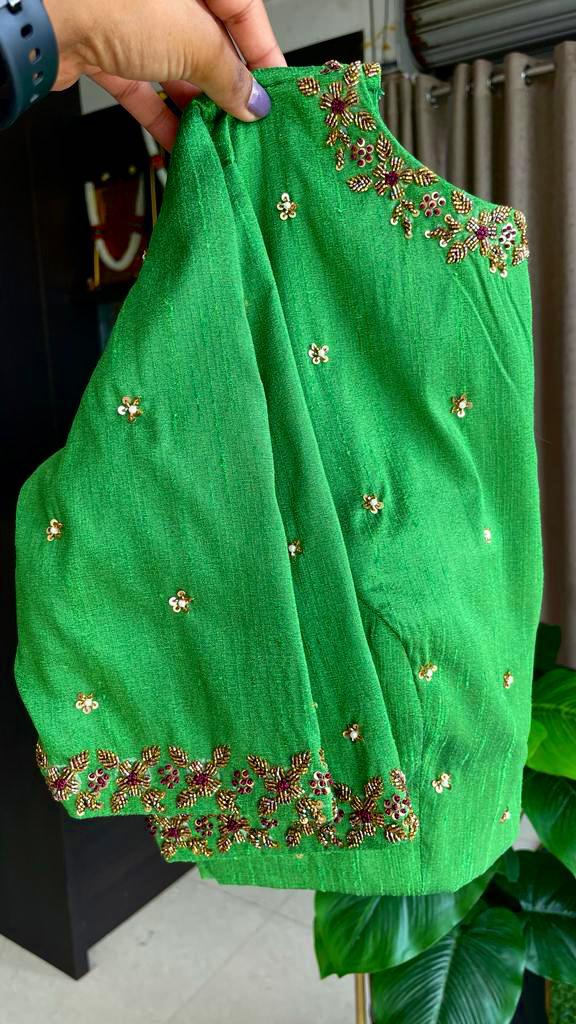 Wine georgette saree with green handwork blouse