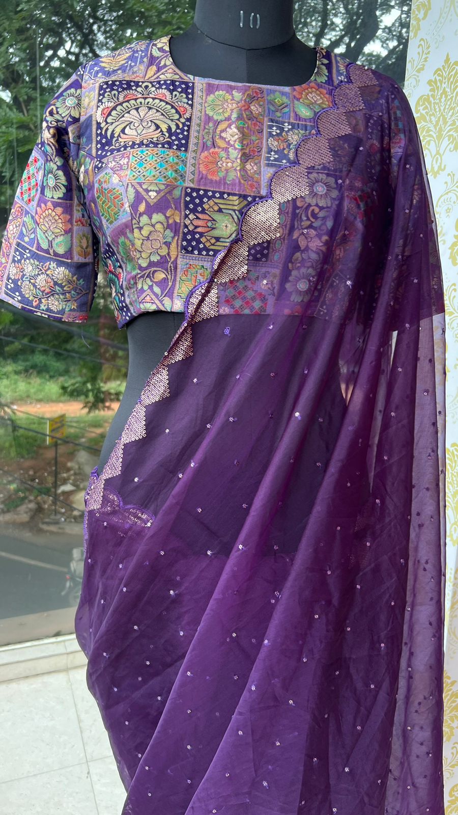 Deep purple organza saree with banarasi work blouse