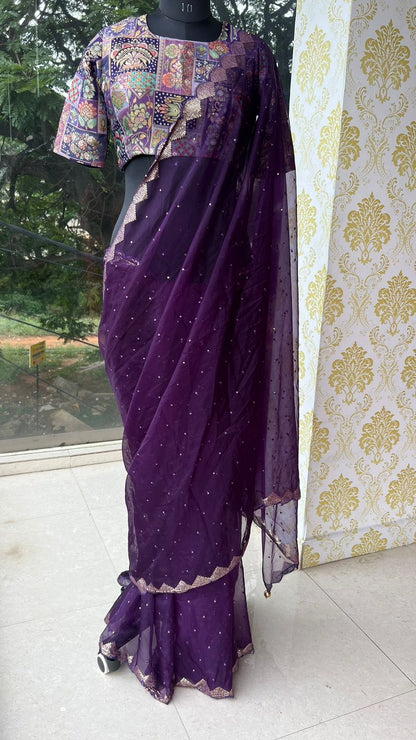 Deep purple organza saree with banarasi work blouse