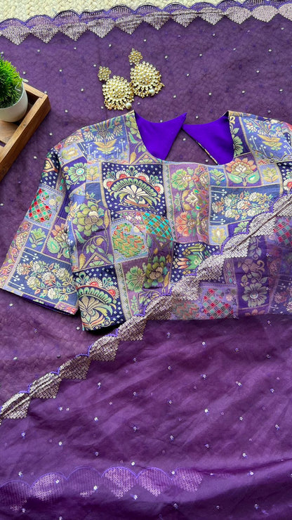 Deep purple organza saree with banarasi work blouse
