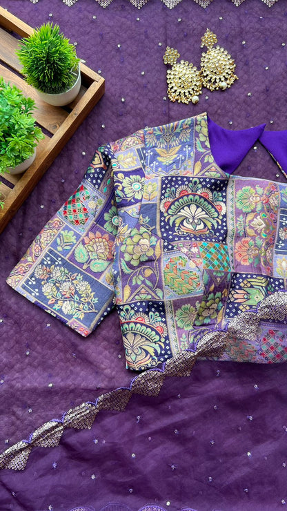 Deep purple organza saree with banarasi work blouse