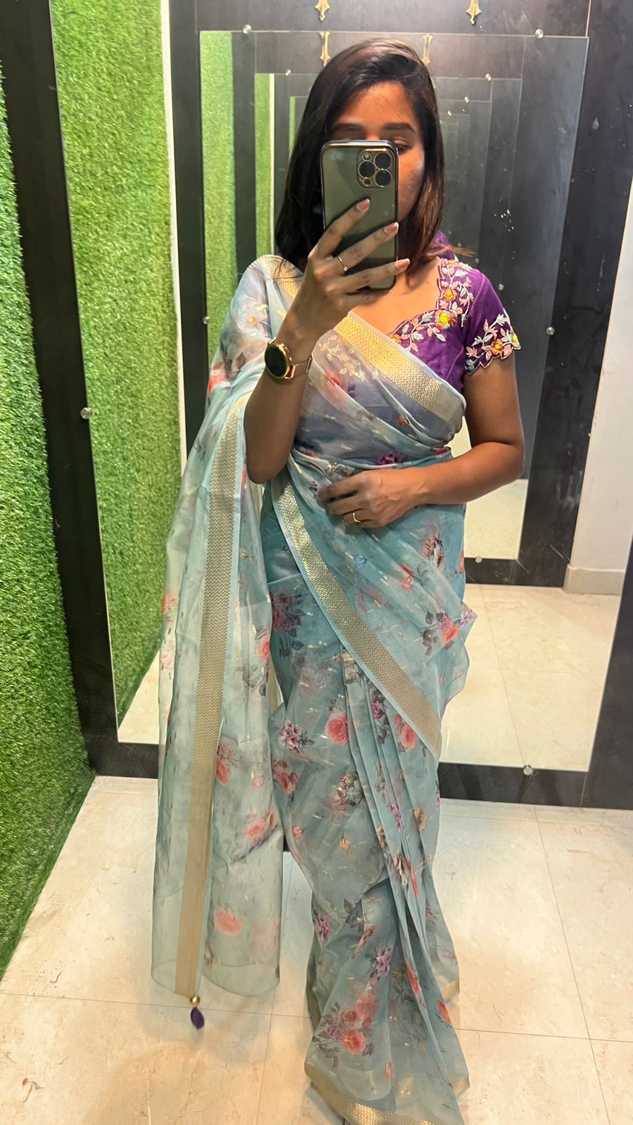 Blue organza saree with purple handwork blouse